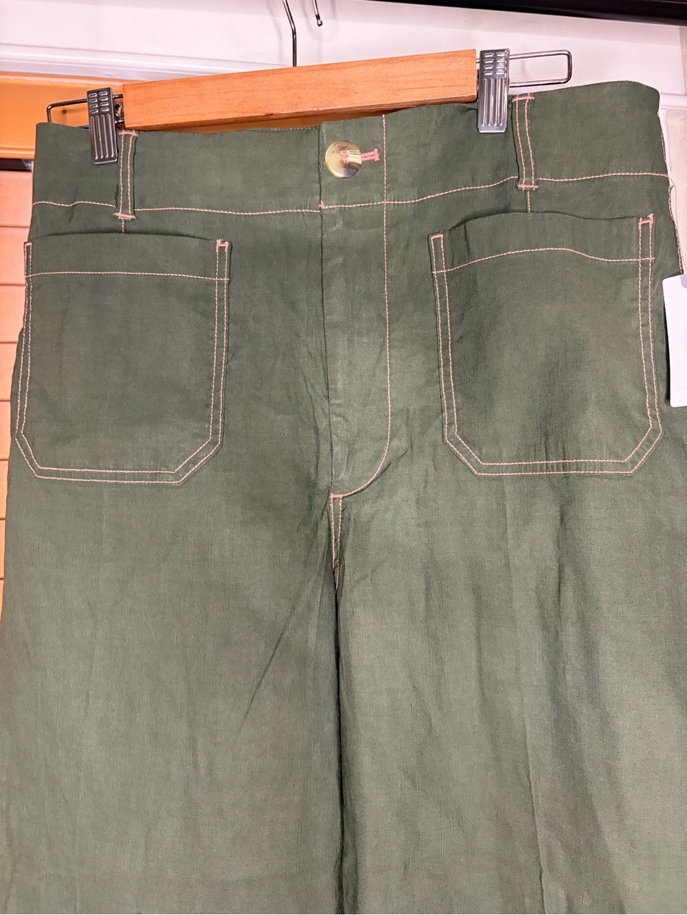 Maeve Olive Green High-Waist Wide Leg Pants with Contrast Stitching - Picture 2 of 8